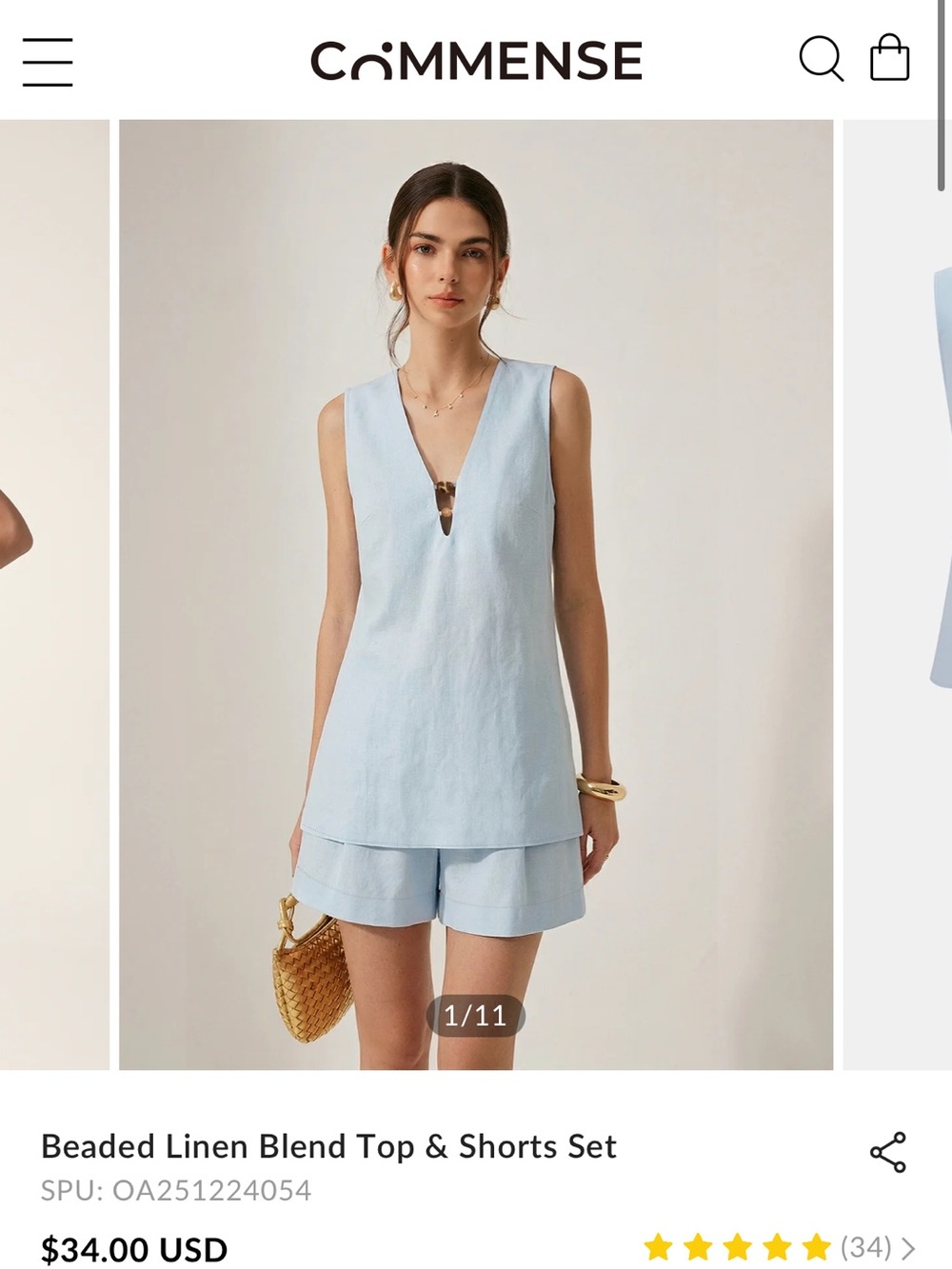 Commense Light Blue V-Neck Beaded Linen-Blend Tank and short set